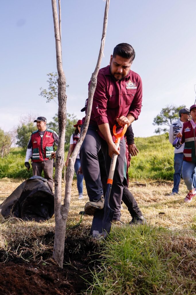 Jornada Nacional de Reforestación en Nezahualcóyotl con la participación de ciudadanos sembrando árboles en el Deportivo Ciudad Jardín