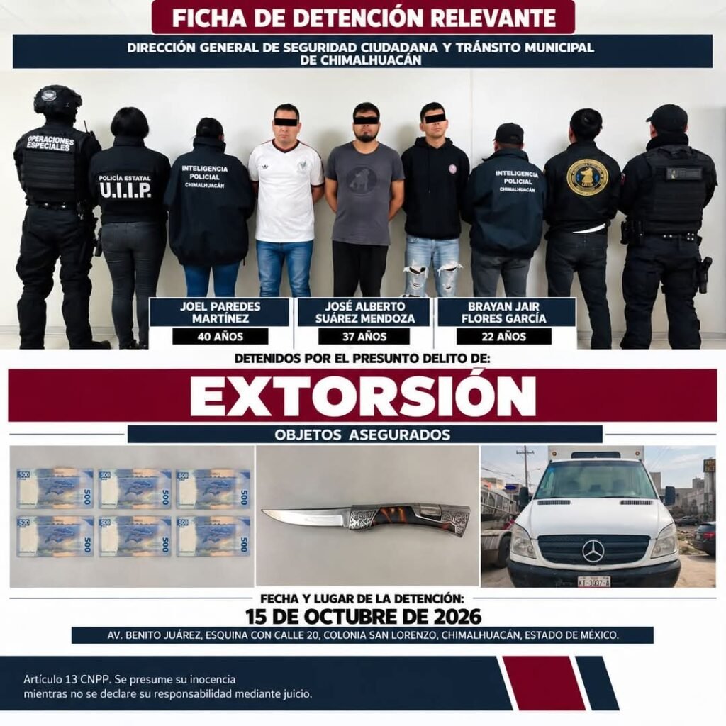 Extorsionadores detenidos en Chimalhuacán durante operativo de inteligencia y coordinación policial